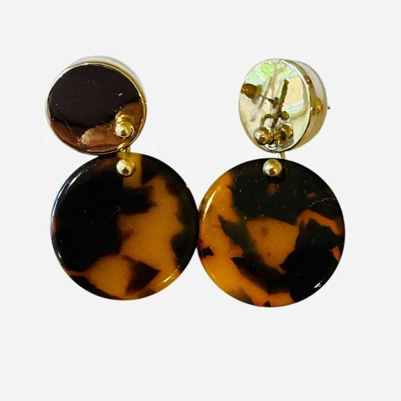 J.Crew Tortoise Shell Gold Double Circle Earrings Dangle Brown Black - Picture 2 of 3